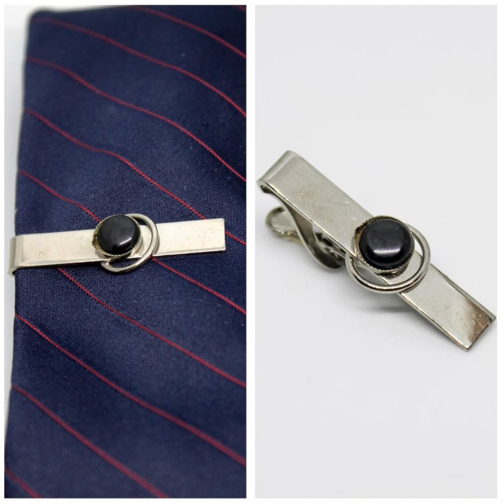 Vintage Silver & Black Circle Cabachon Rectangle Tie Clip VTG Father's Day Gift